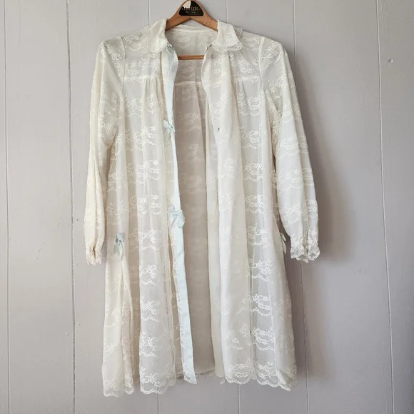Vintage Odette Barsa Ivory Lace Peignoir Robe 1950s Sheer Blue Ribbon - Picture 6 of 15